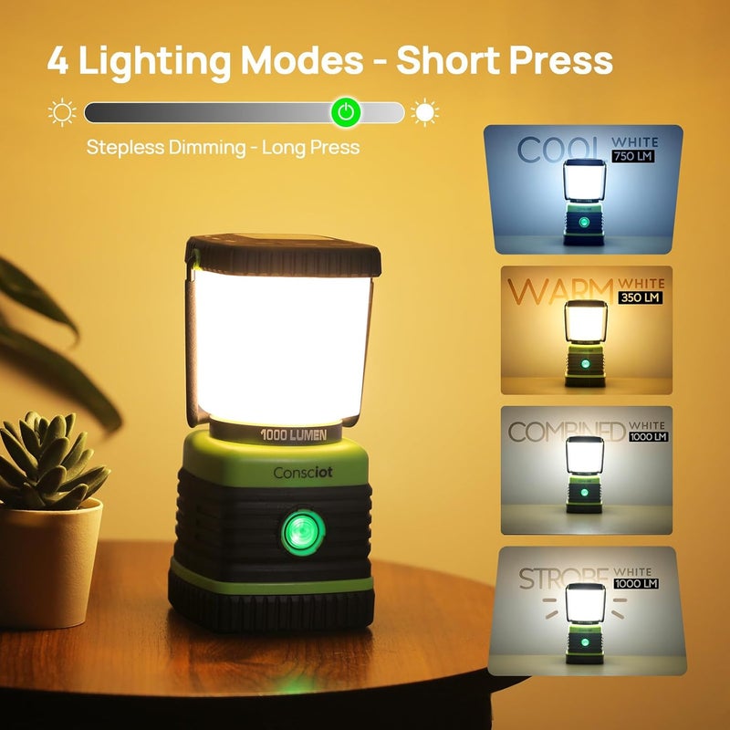 Consciot LED Camping Lantern, Battery Powered LED Lantern Flashlight, 1000LM, 4 Light Modes, IPX4 Waterproof, Survival Kits for Indoor Outdoor, Emergency Light for Home Power Outages, Hurricane, Storm - Image 3