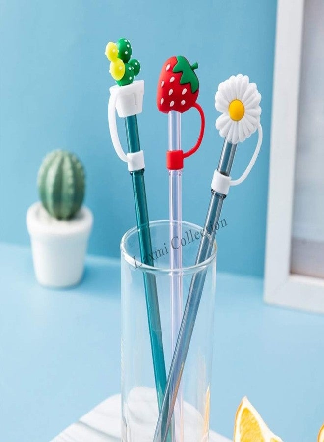 Laxmi Collection 12 Pcs Reusable Silicone Cover Cap Drinking Straw Trendy Straw with Lid Cover Airtight Dustproof Cartoon Theme for Home Kitchen Accessories Multicolor (Pack of 12) - Image 1