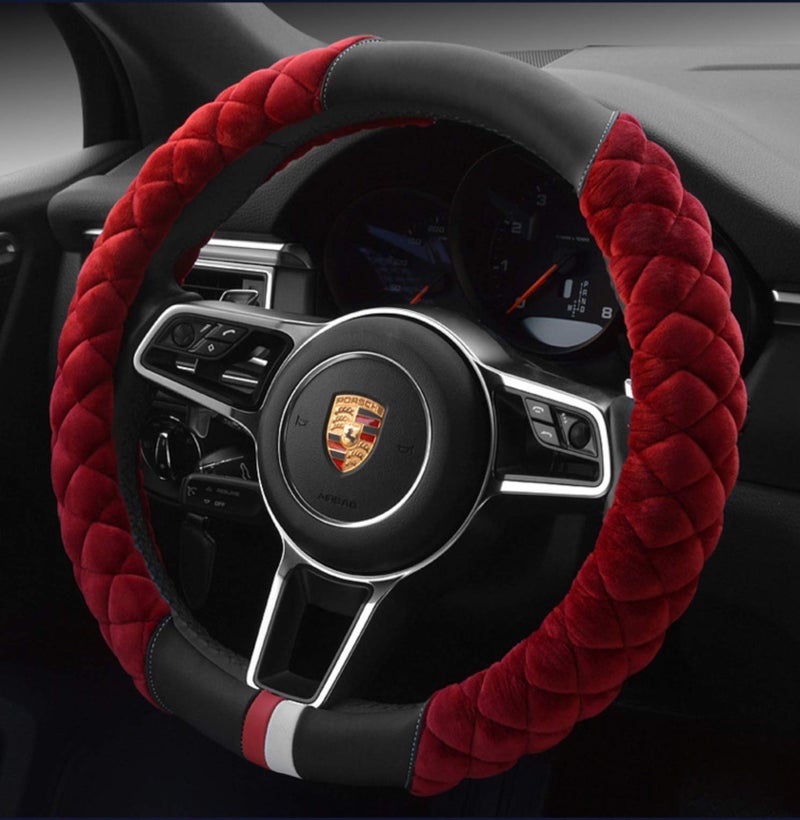 HAOKAY Luxury Fluffy Steering Wheel Cover for Women,Soft Warm Short Plush Steering Wheel Cover Red Fuzzy with Universal 14.5-15 Inch - Image 1