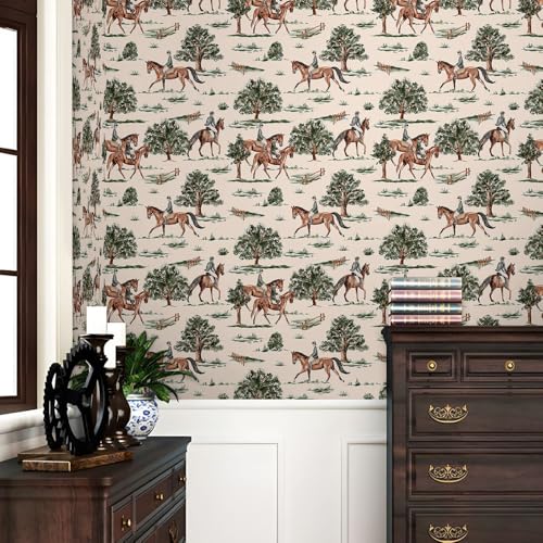 REDAMANCY Boho Modern Equestrian Painting Art Green Tree Horse Vintage Peel and Stick Wallpaper Stick on Contact Paper Vintage Wall Paper Easy Peel Off for nightstand Drawer Cabinet Renter - Image 2