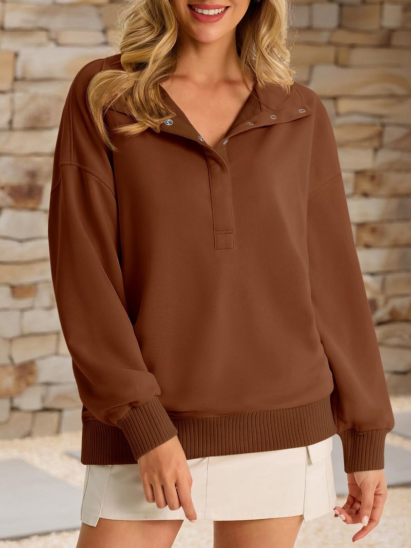 Fisoew Womens Oversized Sweatshirts Casual Long Sleeve Snap Button Henley Neck Loose Fit Fall Pullover Tops Coffee - Image 2