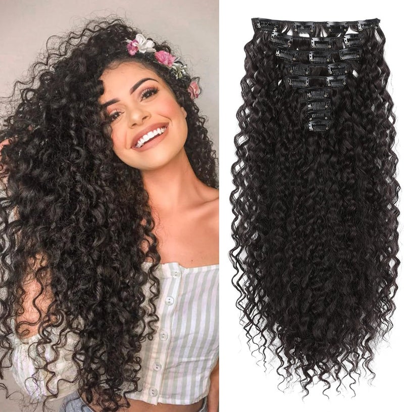 FLUFYMOOZ 9PCS Clip in Hair Extensions 22 Inch Curly Hair Extension Long Soft Synthetic Hairpieces for Women Black Brown