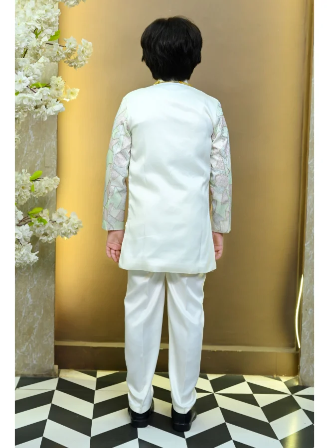 BT DEZINES Boys White Satin Colorblock Sherwani Set