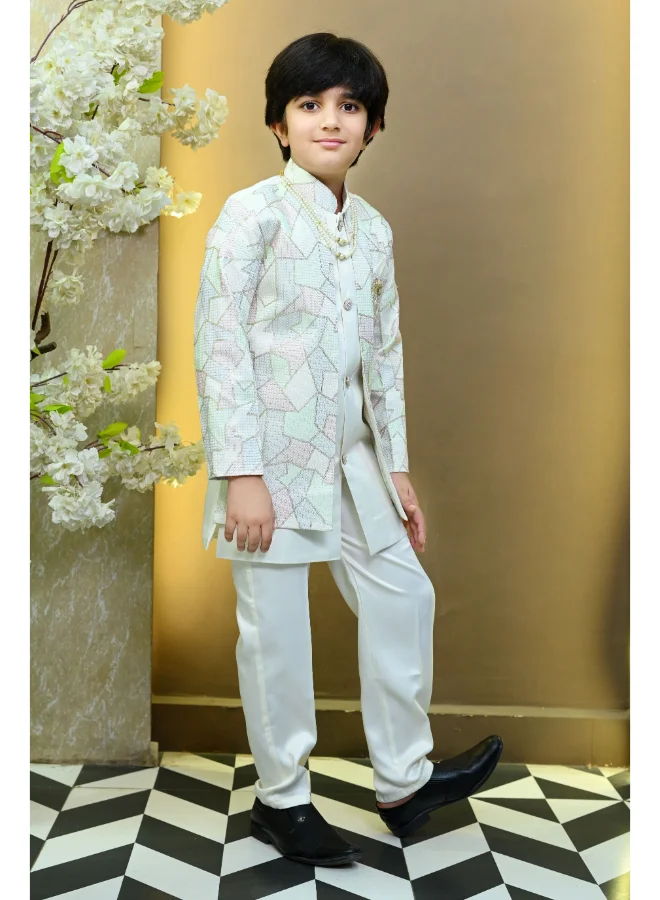 BT DEZINES Boys White Satin Colorblock Sherwani Set
