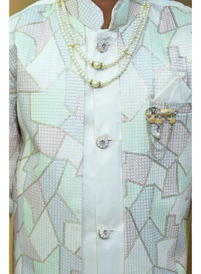 BT DEZINES Boys White Satin Colorblock Sherwani Set