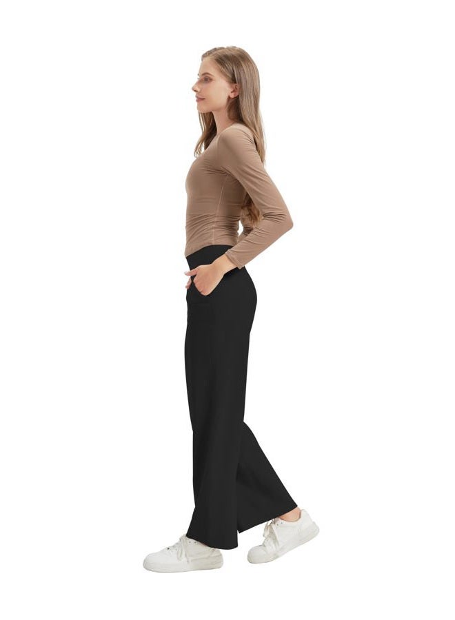 VIMPEP Women's Wide Leg Pants High Waist Stretchy Yoga Pants with Pockets Workout Dress Sweatpants 107, Black, S - Image 2