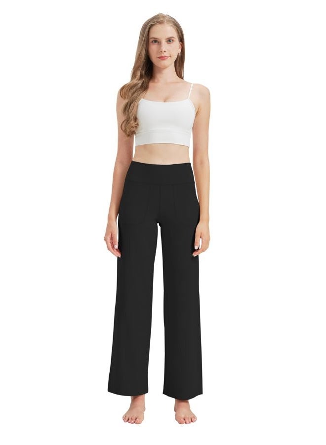 VIMPEP Women's Wide Leg Pants High Waist Stretchy Yoga Pants with Pockets Workout Dress Sweatpants 107, Black, S - Image 3
