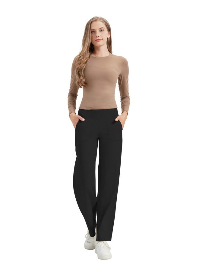 VIMPEP Women's Wide Leg Pants High Waist Stretchy Yoga Pants with Pockets Workout Dress Sweatpants 107, Black, S - Image 5