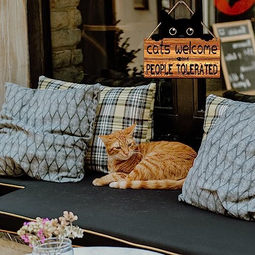 Ykfss Funny Cat Signs Black Cat Welcome Sign Cat Home Decor Gifts For Cat Lovers Cat Gift For Women Cat Wall Art Halloween Black Cat Wooden Hanging Decor Door Sign Cats Welcome People Tolerated Sign - Image 4