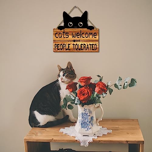 Ykfss Funny Cat Signs Black Cat Welcome Sign Cat Home Decor Gifts For Cat Lovers Cat Gift For Women Cat Wall Art Halloween Black Cat Wooden Hanging Decor Door Sign Cats Welcome People Tolerated Sign - Image 5