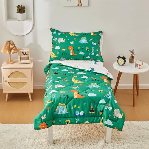 beeweed 4 Pieces Dinosaur Toddler Bedding Set Boys Girls, 2 Sides Design Bed in a Bag Comforter Set, Includes 1 Comforter, 1 Fitted Sheet, 1 Flat Sheet and 1 Reversible Pillowcase - Image 1