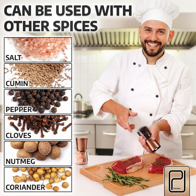 PJCKitchen Premium Salt and Pepper Grinder Set with Bamboo Holder - 6 oz, Copper Stainless Steel - S&P Spice Shakers - Refillable & Adjustable Coarseness Hand Mill for Spices & Seasonings - by PJC-Kitchen - Image 4