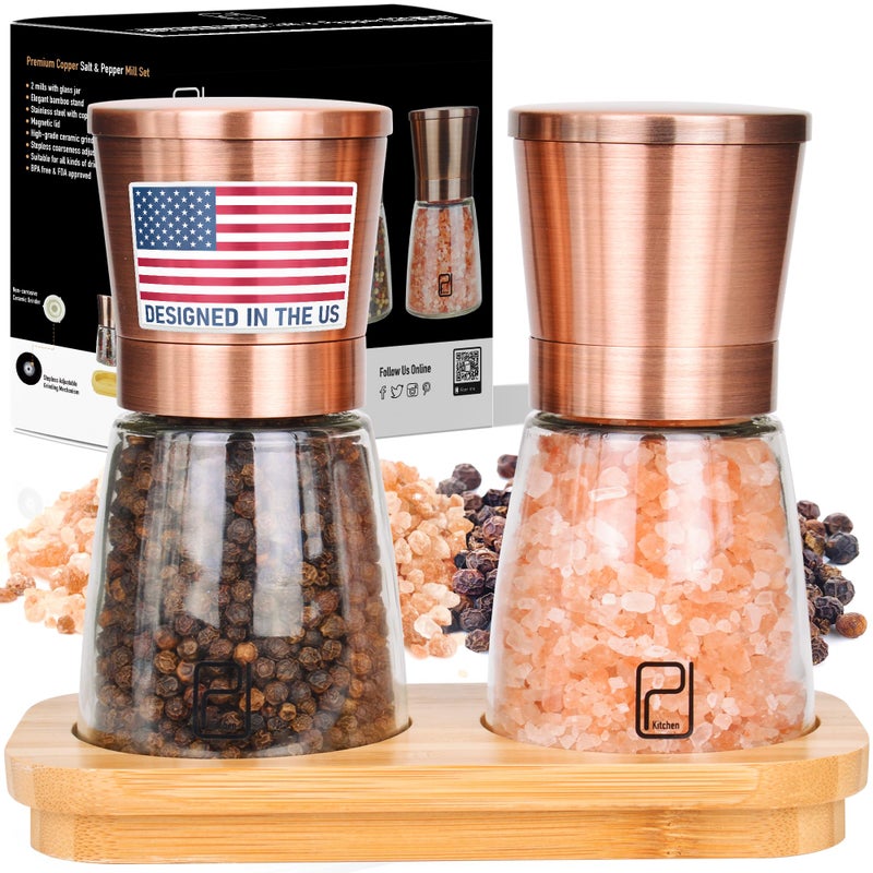 PJCKitchen Premium Salt and Pepper Grinder Set with Bamboo Holder - 6 oz, Copper Stainless Steel - S&P Spice Shakers - Refillable & Adjustable Coarseness Hand Mill for Spices & Seasonings - by PJC-Kitchen - Image 1