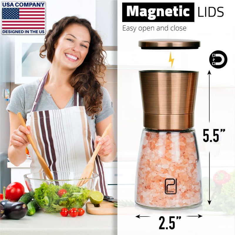PJCKitchen Premium Salt and Pepper Grinder Set with Bamboo Holder - 6 oz, Copper Stainless Steel - S&P Spice Shakers - Refillable & Adjustable Coarseness Hand Mill for Spices & Seasonings - by PJC-Kitchen - Image 3