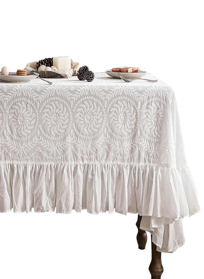 patdrea Vintage Ruffle Tablecloth for Rectangle Tables,Farmhouse Embroidered Cotton White Lace Table Cloth Cover Decor for Dining Room Wedding Banquet Thanksgiving Christmas,59"*91" - Image 1
