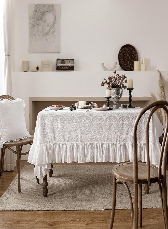 patdrea Vintage Ruffle Tablecloth for Rectangle Tables,Farmhouse Embroidered Cotton White Lace Table Cloth Cover Decor for Dining Room Wedding Banquet Thanksgiving Christmas,59"*91" - Image 3