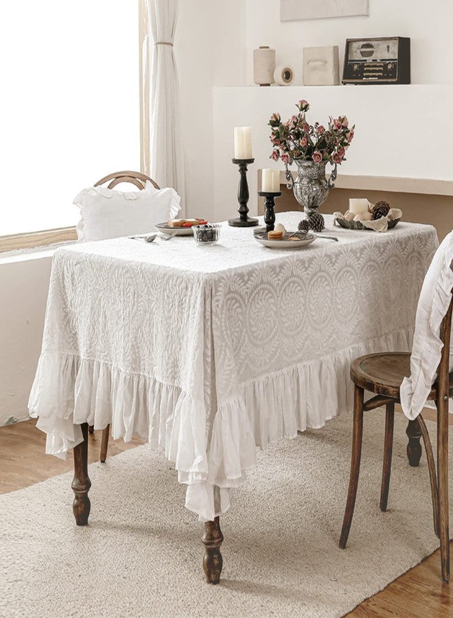 patdrea Vintage Ruffle Tablecloth for Rectangle Tables,Farmhouse Embroidered Cotton White Lace Table Cloth Cover Decor for Dining Room Wedding Banquet Thanksgiving Christmas,59"*91" - Image 2