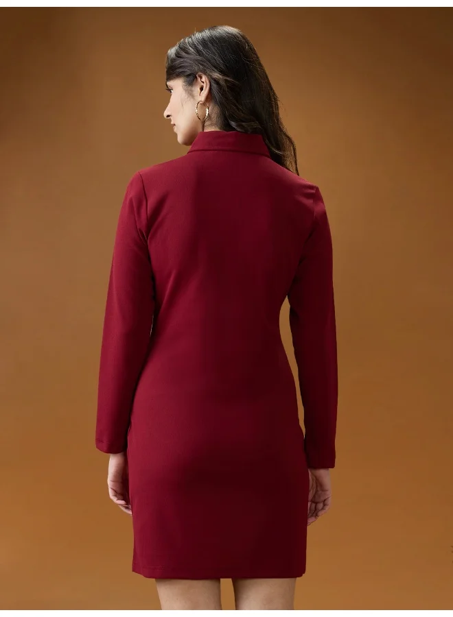 globus Women Maroon Shirt Collar Long Sleeves Solid Mini Bodycon Workwear Dress
