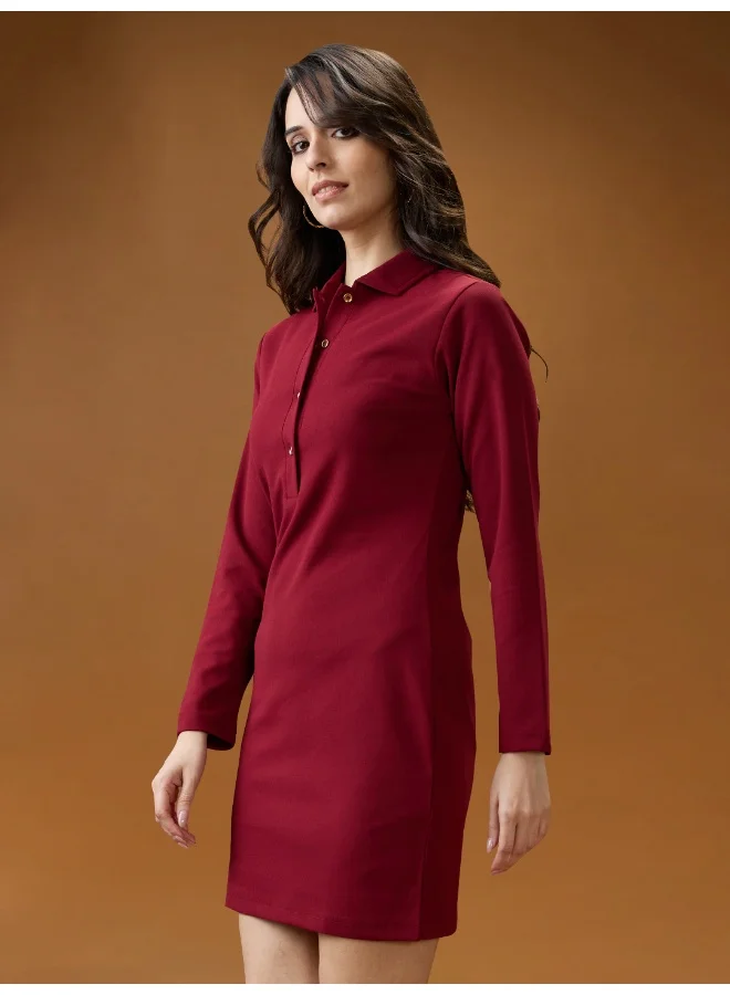 globus Globus Women Maroon Shirt Collar Long Sleeves Solid Mini Bodycon Workwear Dress