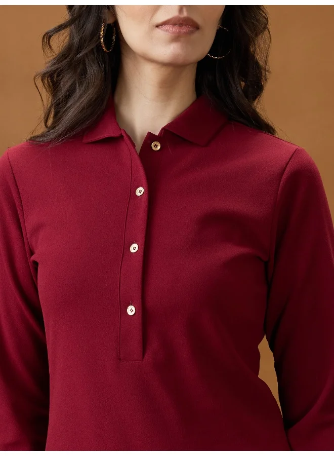 globus Globus Women Maroon Shirt Collar Long Sleeves Solid Mini Bodycon Workwear Dress