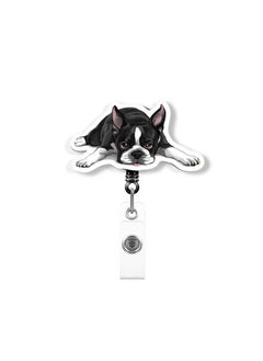 WIRESTER Retractable Badge Reel Id Holder With Alligator Clip For Office Worker, Medical Staffs, Nurse, Doctor, Teacher, Student - Boston Terrier Dog Lying Down Looking Up  - Image 1