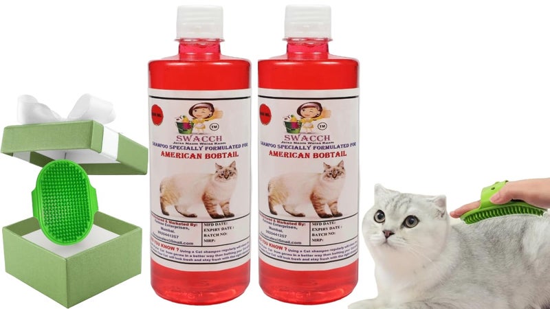 Swacch American Bobtail Cat Shampoo -500ml (Pack of 2) (Strawberry) + Bath Brush with Adjustable Straps Combo Pack - Image 1