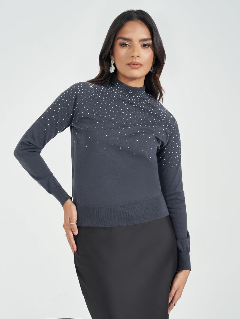 Styli Women Charcoal Embellished Detail High Neck Sweater - Image 3