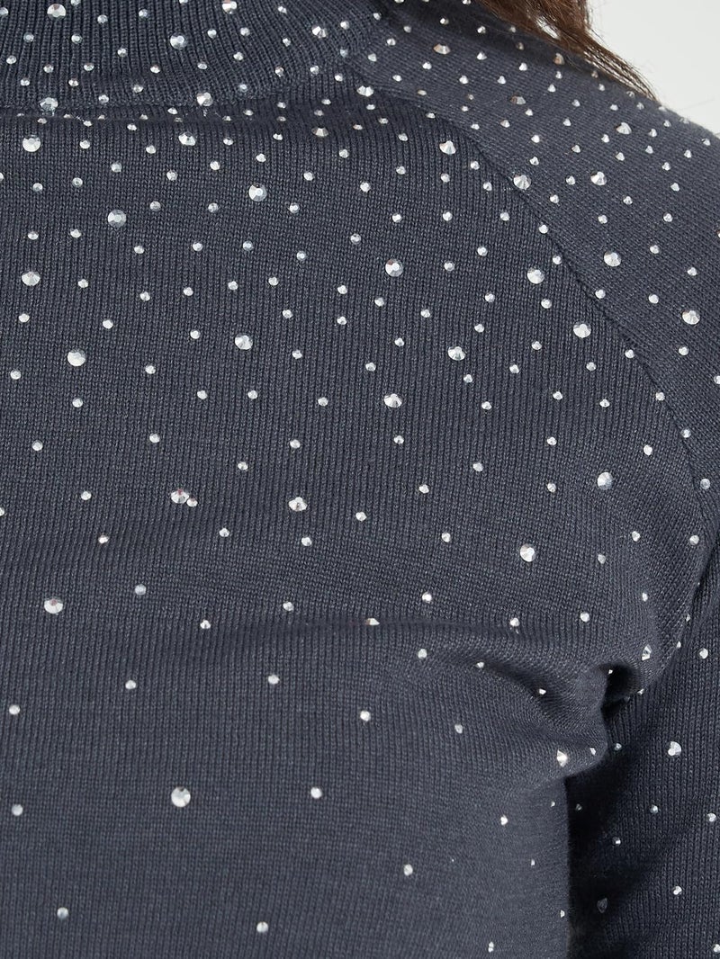 Styli Women Charcoal Embellished Detail High Neck Sweater - Image 5