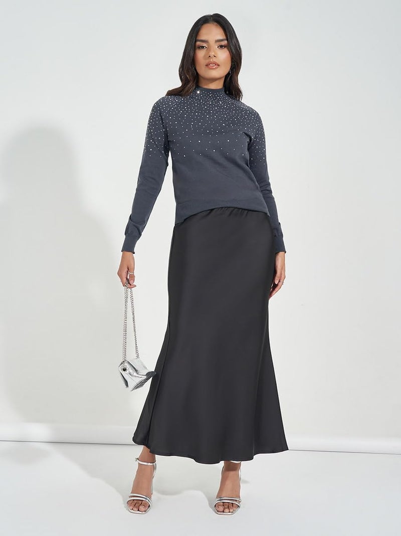 Styli Women Charcoal Embellished Detail High Neck Sweater - Image 2