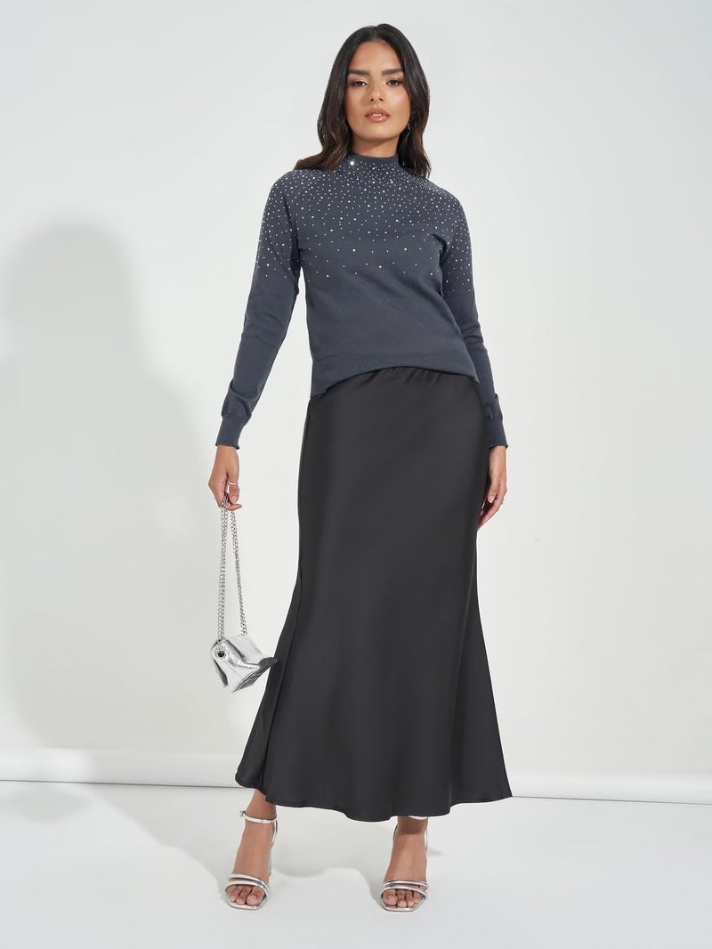 Styli Women Charcoal Embellished Detail High Neck Sweater - Image 4