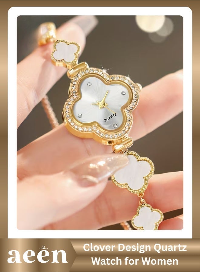 aeen Clover Design Quartz Watch for Women – Elegant Rhinestone Round Dial, Stainless Steel Strap with Tassel Detail, Stylish Everyday Wrist Watch Gift for Her - Image 1