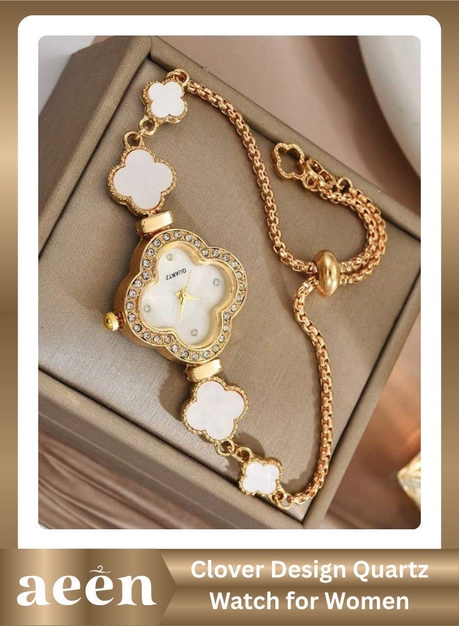aeen Clover Design Quartz Watch for Women – Elegant Rhinestone Round Dial, Stainless Steel Strap with Tassel Detail, Stylish Everyday Wrist Watch Gift for Her - Image 3