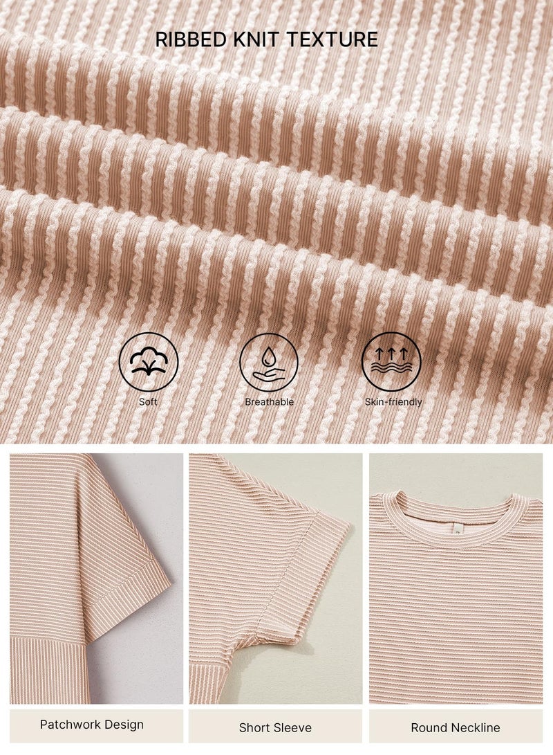 EVALESS Short Sleeve Shirts for Women Trendy Teacher Outfits Ribbed Knit Striped Womens Tops Casual Spring Summer Tops Cute Crewneck Loose Fit Patchwork T Shirts Light Khaki Small - Image 4