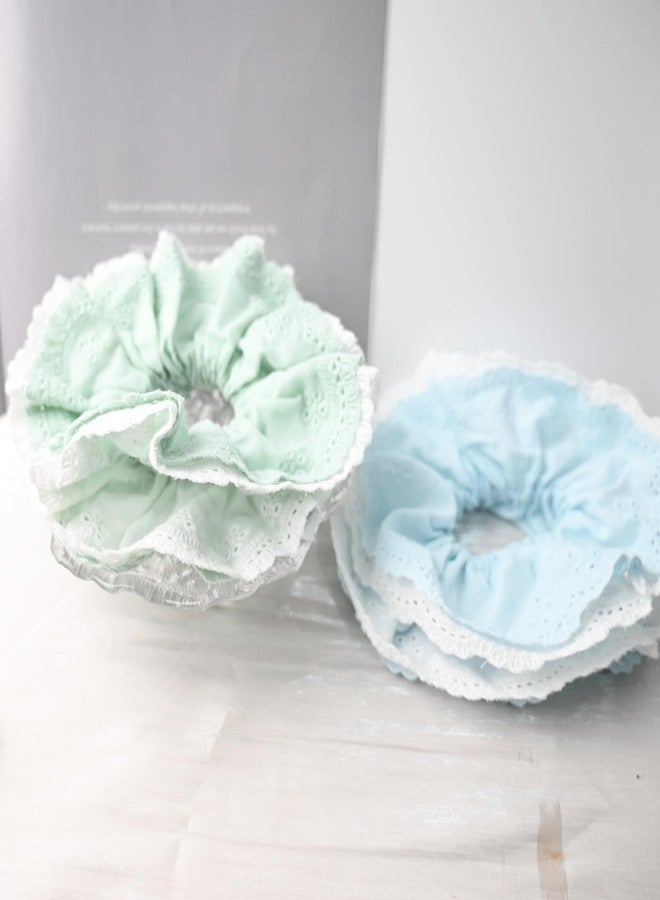 Prettyou lace scrunchies double layered Elastic Hair Ties and Accessories Gift Set for Thick Hair ，Cotton Hair ties Scrunchie Multicolor for girls ladies (green and blue) - Image 3