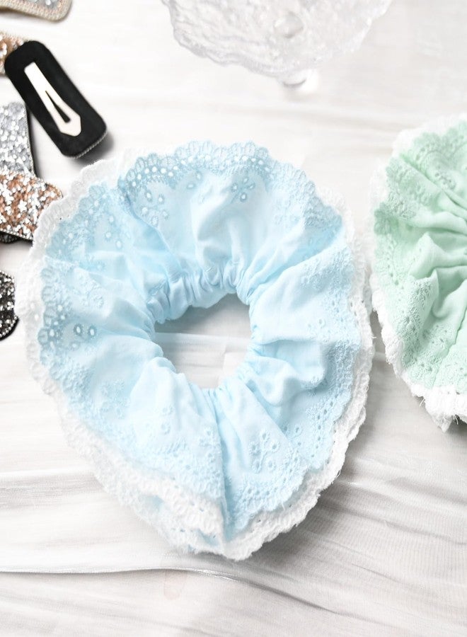 Prettyou lace scrunchies double layered Elastic Hair Ties and Accessories Gift Set for Thick Hair ，Cotton Hair ties Scrunchie Multicolor for girls ladies (green and blue) - Image 2
