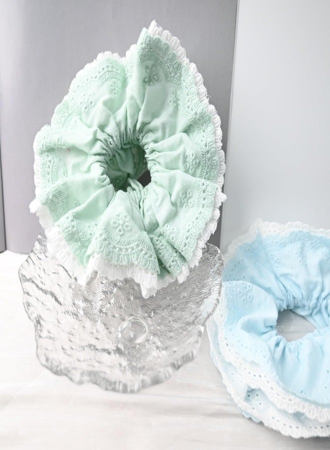 Prettyou lace scrunchies double layered Elastic Hair Ties and Accessories Gift Set for Thick Hair ，Cotton Hair ties Scrunchie Multicolor for girls ladies (green and blue) - Image 5