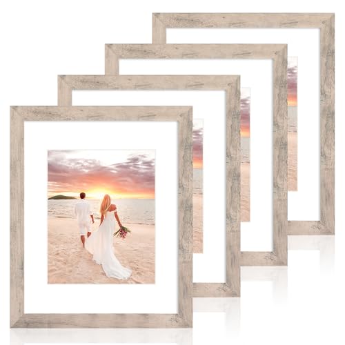 iRahmen 11x14 Picture Frame Set of 4 with Tempered Glass, Smoke Gray Frame Display 8x10 Pictures with Mat or 11 x 14 Without Mat, Wood Rustic Photo Frames for Horizontal or Vertical Wall Mounting - Image 1