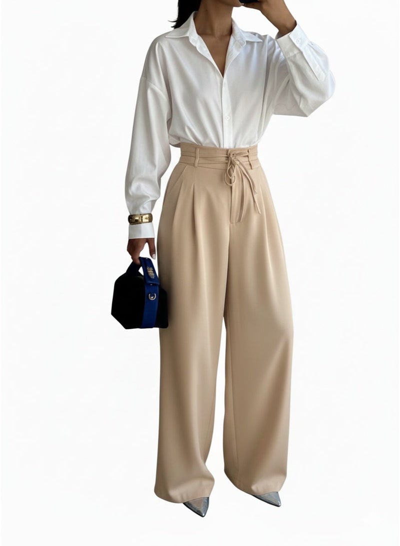Women’s Beige Formal Wide-Leg Pants with High Waist and Tie Belt - Image 1