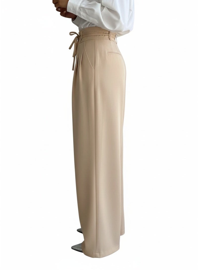 Women’s Beige Formal Wide-Leg Pants with High Waist and Tie Belt - Image 2