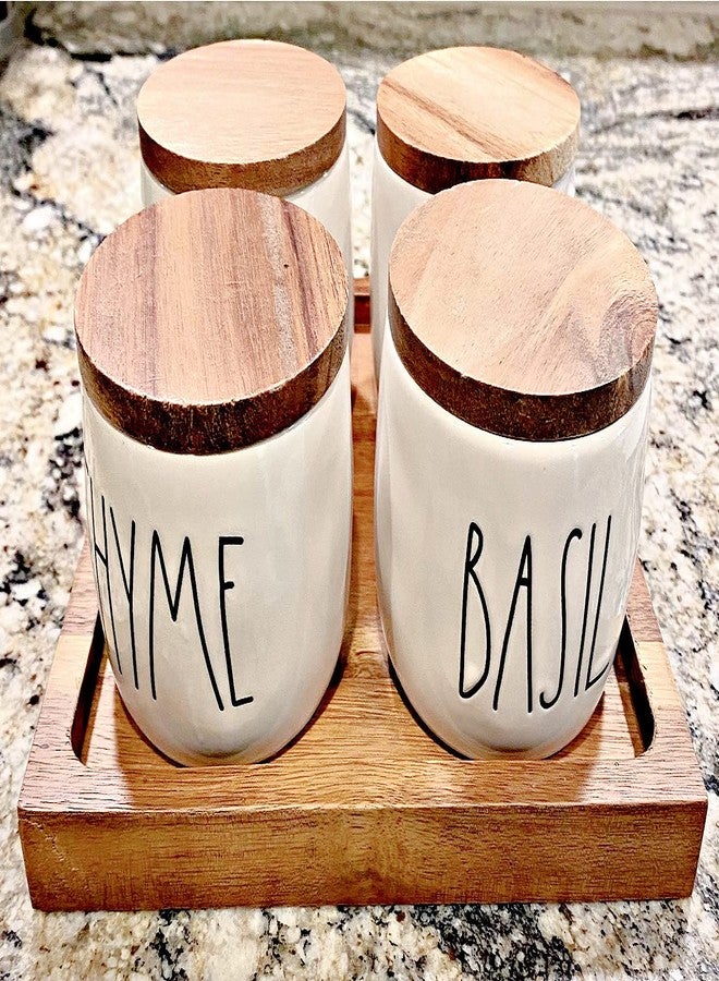 Rae Dunn Magenta Ceramic Spice Jar Set (4) Diame with Wooden Lids and Wood Tray | Inscribed: THYME , BASIL, ROSEMARY and TERRAGON Cream Black JARS | Diameter: 3.25inch | Height: 3inch - Image 2