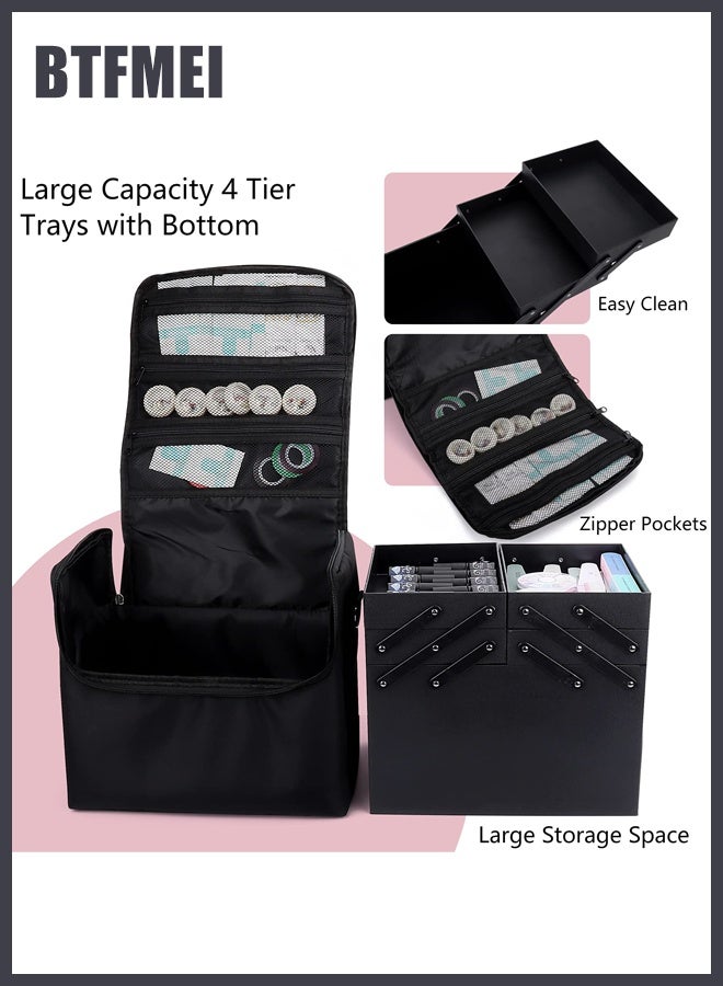 BTFMEI Large Makeup Carrying Train Case for Women, Black Travel Bag Storage Box,4 Tier Professional Nail Organizer Case with Adjustable Dividers for Nail Tools Jewelry MakeUp Brushes - Image 2