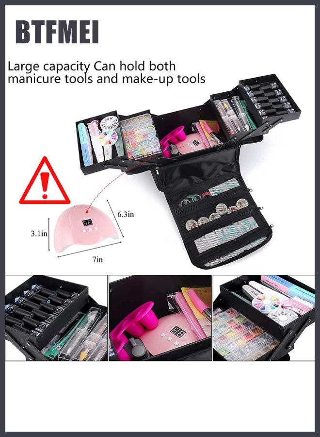 BTFMEI Large Makeup Carrying Train Case for Women, Black Travel Bag Storage Box,4 Tier Professional Nail Organizer Case with Adjustable Dividers for Nail Tools Jewelry MakeUp Brushes - Image 3