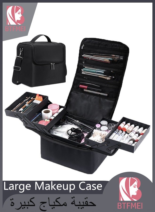 BTFMEI Large Makeup Carrying Train Case for Women, Black Travel Bag Storage Box,4 Tier Professional Nail Organizer Case with Adjustable Dividers for Nail Tools Jewelry MakeUp Brushes - Image 1
