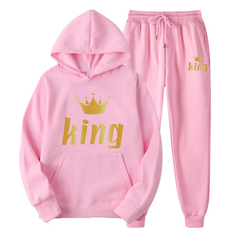 Couples Hoodie  Sweatpants Set Autumn Pink-king 