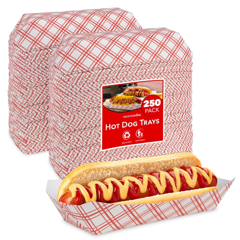 Stock Your Home Checkered Hot Dog Trays 250 Pack  Retro Red  White Checked Food Boats for Hot Dogs Grease Resistant Checkered Trays  Recyclable  Disposable Paperboard Trays for Hot Dogs  Stock Your Home