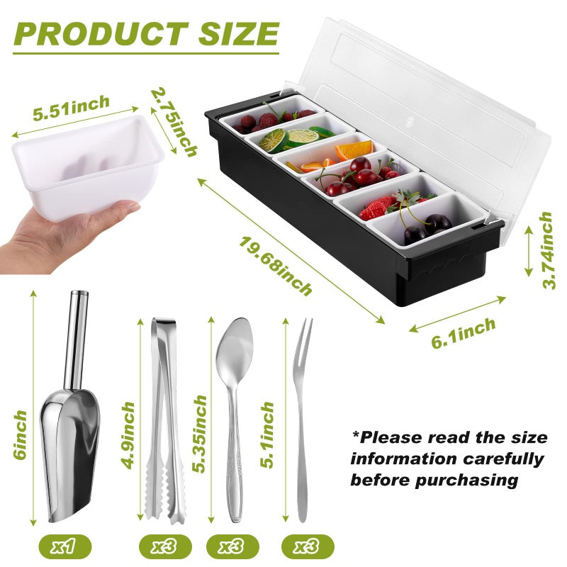 Tessco Tessco Garnish Tray with Lid Bar Caddy Ice Cooled Condiment Serving Container with Stainless Steel Ice Scoop 3 Metal Mini Serving Tongs 3 Fruit Fork 3 Spoons for Food Home Party Kitchen - Image 2