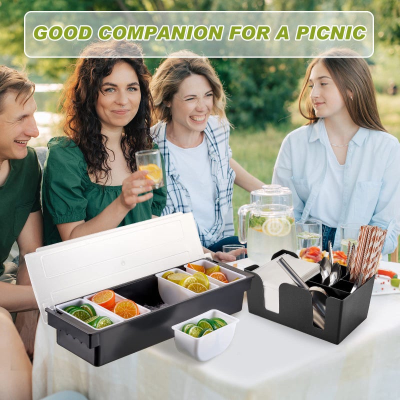 Tessco Tessco Garnish Tray with Lid Bar Caddy Ice Cooled Condiment Serving Container with Stainless Steel Ice Scoop 3 Metal Mini Serving Tongs 3 Fruit Fork 3 Spoons for Food Home Party Kitchen - Image 5