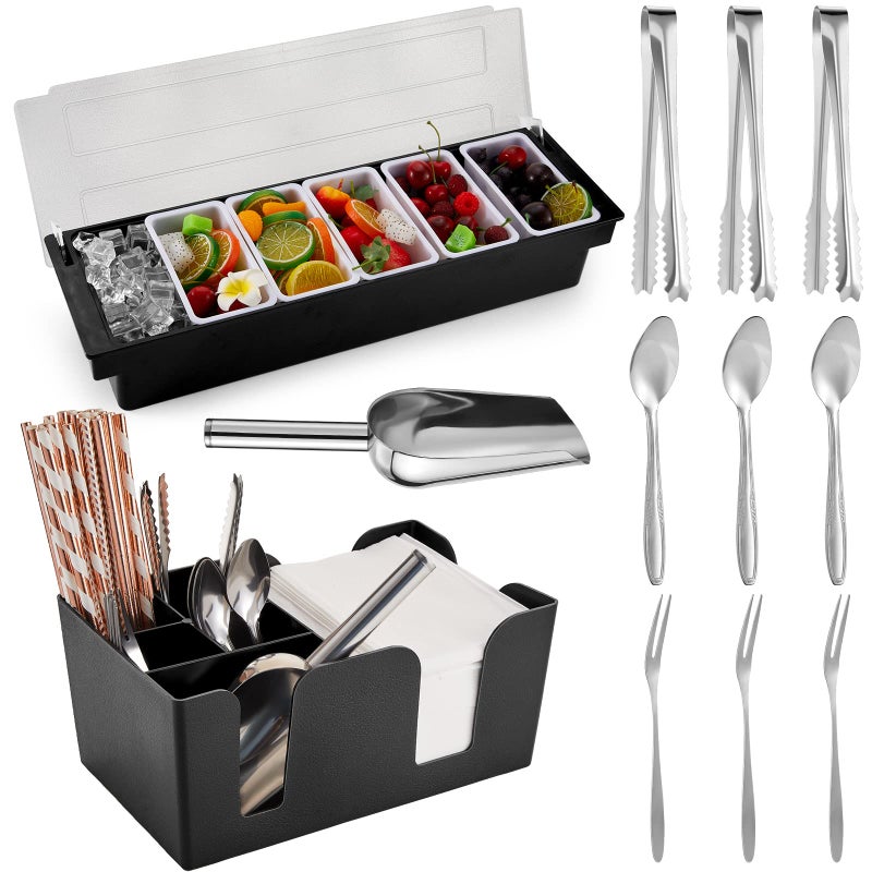 Tessco Tessco Garnish Tray with Lid Bar Caddy Ice Cooled Condiment Serving Container with Stainless Steel Ice Scoop 3 Metal Mini Serving Tongs 3 Fruit Fork 3 Spoons for Food Home Party Kitchen - Image 1