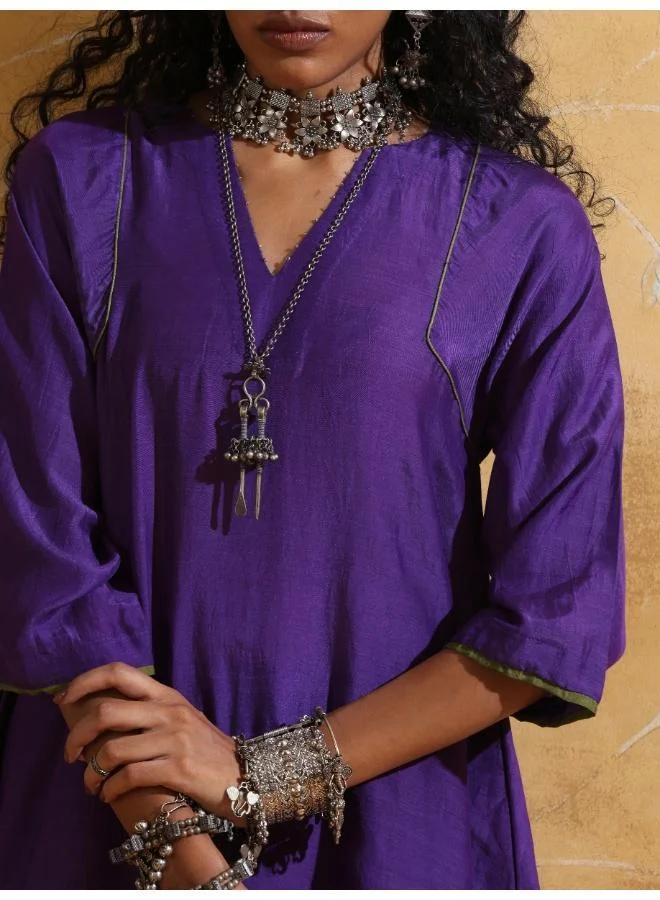trueBrowns trueBrowns Purple Muslin Silk A-line Kurta Co-ord Set