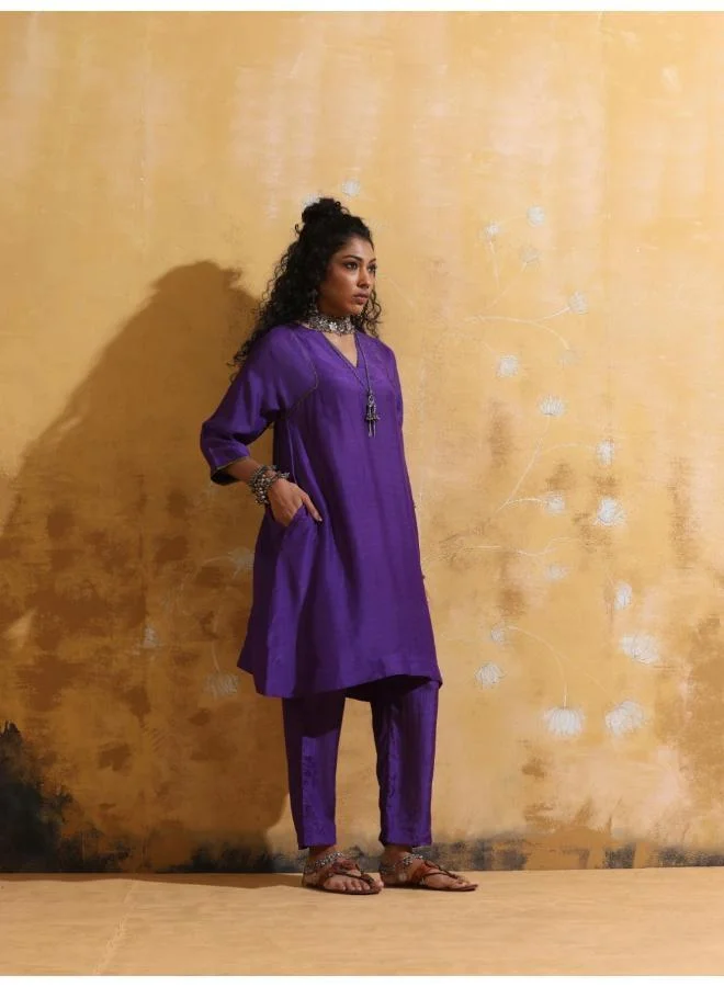 trueBrowns trueBrowns Purple Muslin Silk A-line Kurta Co-ord Set